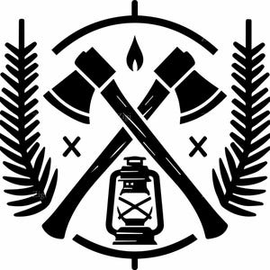 May include: Black and white illustration featuring crossed axes, a lantern, and a flame. The design includes a circular frame with fern-like elements and the letter "X" on each side, evoking a rustic or outdoor theme.