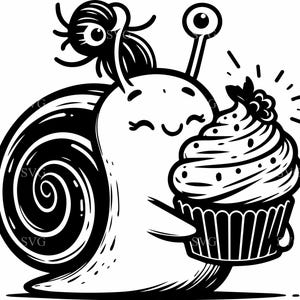 6 escargots avec petit gâteau SVG, 6 fichiers de coupe escargot mignon, adorable clipart escargot, joyeux escargot SVG, anniversaire escargot Svg
