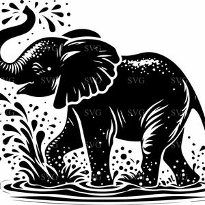 May include: Black and white silhouette of an elephant spraying water with its trunk. The elephant is standing in a pool of water with water droplets spraying up around it.