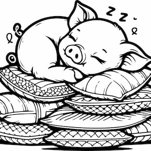 8 Sleeping pig SVG cut file - 8 cute piglet resting on pillows for farmhouse decor, nursery wall art, vinyl decals, and paper craft projects