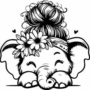 May include: Black and white line art illustration of an elephant with a flower crown and a messy bun hairstyle. The elephant is smiling and has its eyes closed.