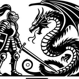 Cavaliere e drago SVG - 4 Epic Medieval Battle Design - Arte della silhouette di un guerriero audace e di un drago per progetti Cricut