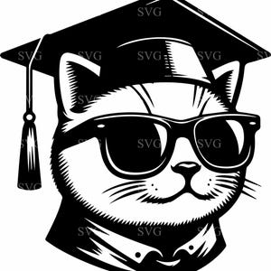 May include: A black and white illustration of a cat wearing a graduation cap and sunglasses. The cat is looking to the right and has a serious expression on its face.
