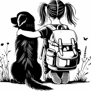 女の子と犬の SVG 4 カット ファイル、バックパックを背負った子供が犬を抱きしめるシルエット、DIY クラフトや Cricut 用の心温まるクリップアート