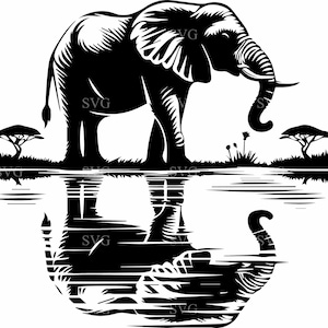 May include: A black and white silhouette of an elephant standing in a body of water with its reflection visible below. The elephant is facing the right side of the image. There are two small trees on either side of the elephant.