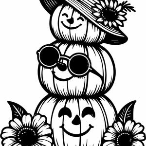 May include: Black and white illustration of a stack of three pumpkins with smiling faces. The top pumpkin wears a hat and a sunflower. The middle pumpkin has round sunglasses. Two sunflowers flank the bottom pumpkin.
