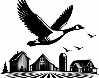7 Goose SVG – 7 Flying goose silhouette with rustic farmhouse – Farm bird cut file for Cricut crafts, country decor, hunting lodge wall art