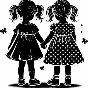 Puede incluir: Silueta de dos chicas tomadas de la mano, ambas con vestidos. La chica de la izquierda lleva un vestido liso con un lazo, mientras que la chica de la derecha lleva un vestido de lunares.