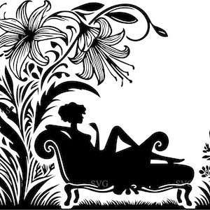 4 vintage dame sur le canapé SVG, 4 femme rétro élégante avec fichier de coupe de lys, silhouette Art nouveau pour Cricut et travaux manuels laser