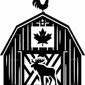 Op de afbeelding: Zwart-wit illustratie van een schuur met een haan op het dak en een eland ervoor. Een Canadees esdoornblad wordt op de schuur weergegeven. De afbeelding is een vectorafbeelding.