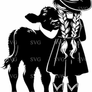 Cow-girl et veau SVG, 5 fermière avec tresses et chapeau, fichier de coupe numérique ranch rustique, clipart Silhouette Western country