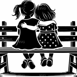 Due ragazze SVG Cut File, 4 sorelle che si abbracciano sulla silhouette della panchina, famiglia e amicizia arte digitale per artigianato fai da te