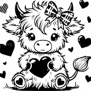 Fichier SVG bébé vache Highland - 5 veau mignon avec noeud et coeurs - adorable vache tenant coeur téléchargement numérique