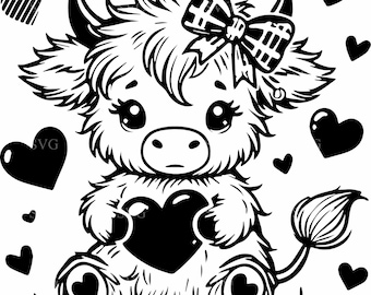 Baby Highland Kuh SVG-Datei - 5 süße Kälbchen mit Schleife und Herzen - entzückende Kuh mit Herz digitaler Download