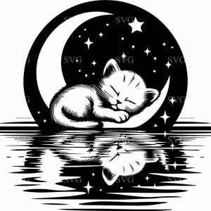 Peut inclure: Silhouette noire et blanche d'un chat dormant sur un croissant de lune avec des étoiles en arrière-plan. Le chat est enroulé sur lui-même et sa queue est enroulée autour de son corps. La lune est entourée d'un ciel sombre avec des étoiles.
