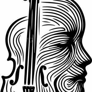May include: A black and white graphic illustration of a violin and a human profile. The violin is depicted in detail, with strings and a bow. The profile is created with lines that resemble the violin's curves.