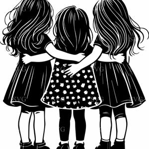 Trois soeurs SVG coupe fichier, 4 filles embrassant la silhouette, famille et amitié art numérique pour travaux manuels