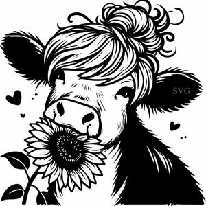 8 Vache mignonne SVG - fichier de coupe floral veau Highland 8 - vache souriante avec des cliparts fleur pour travaux manuels Cricut, chemises de ferme et décoration