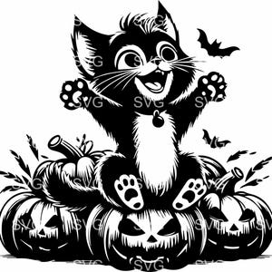 6 file SVG di gatti di Halloween, 6 file di taglio di gatti carini con zucche, clipart di gatto nero con zucche di Halloween per Cricut e Silhouette