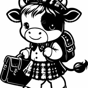 4 Jolie vache d'école SVG 4 fichiers découpés avec sac à dos, cravate et tenue à carreaux - Parfait pour les travaux manuels des enfants et les projets de rentrée