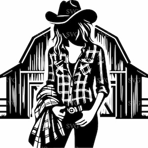 Grange de cow-girl SVG coupe fichier, 5 femme occidentale avec chapeau et chemise à carreaux, ferme rustique Ranch pays des cliparts pour Cricut et Silhouette