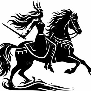 Walküre Kriegerin zu Pferd SVG 5 Schnittdatei - Wilde nordische Frau mit Schwert, mythische Wikingerkunst, digitaler Download