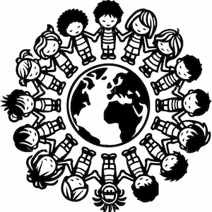 May include: A black and white illustration of children holding hands in a circle around a globe. The children are depicted with simple, cartoon-like features, and the globe shows the continents.