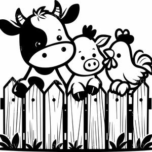 Trío de 5 animales de granja SVG, 5 vacas, cerdos y gallos detrás de una cerca, archivo de corte, lindo vector de dibujos animados de granero para Cricut y manualidades