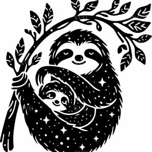 7 animaux endormis SVG - 7 cliparts maman et bébé paresseux - Silhouette de forêt de nuit coupé fichier pour travaux manuels d'art et de pépinière de forêt