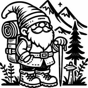 May include: Black and white illustration of a gnome hiker with a backpack, hiking boots, and a walking stick. The gnome is in front of a mountain range, a pine tree, and a signpost. The gnome wears a large hat and has a long beard.