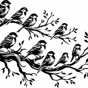 7 moineaux sur une branche SVG, 7 oiseaux Silhouette vecteur, scène de la nature paisible, fichier coupe Cricut Wildlife Forest Animal