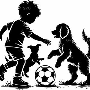 犬とサッカーをする二人の少年 SVG 8 カット ファイル – Cricut 用 Sports Digital ダウンロード