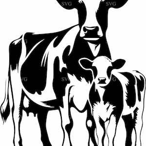 Vache Holstein et veau SVG 4 fichier coupe | Silhouette d'animal de ferme laitière pour la découpe Cricut et laser | Clipart Holstein
