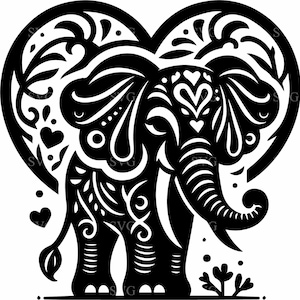 Cuore decorativo di elefante SVG / 4 file di taglio intricato di elefante con forma di cuore / Design artistico di elefante per Cricut e Silhouette