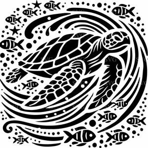 Tortue de mer SVG 4 coupe fichier - gracieuse scène de l'océan avec des vagues et des bulles - Clipart vie marine pour travaux manuels