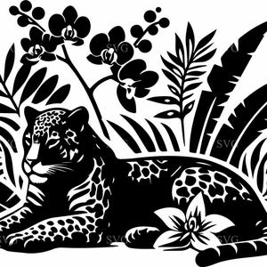 8 file SVG di leopardo, 8 silhouette di gatto della giungla con fiori tropicali per progetti di artigianato naturalistico con Cricut, laser e vinile