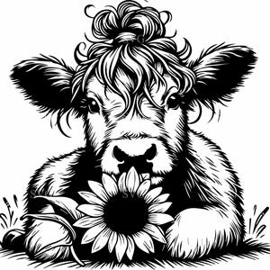 9 zonnebloemkoe SVG PNG – 9 Highland Cow Face met bloemen en vlinders, boerderijdieren clipart, rustiek land gesneden bestand