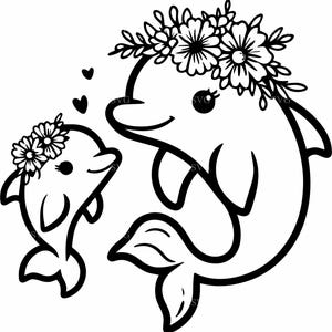 4 Delphin Duo SVG | Mutter und Baby Clipart mit Blumenkronen