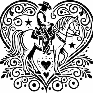 10 SVG de caballo vaquero - 10 archivos recortables de corazón del oeste - Clipart romántico de rodeo para manualidades campestres, regalos y proyectos de bricolaje