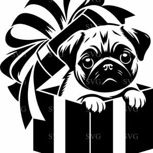 5 Mops Welpen Geschenk SVG 5 Schnittdatei | Süßer Hund in Geschenkbox | Entzückende Haustier Clipart für Cricut & Laser schneiden