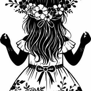Floral Girl Silhouette SVG, fichier coupe fille en queue de cochon, Clipart couronne de fleurs, Design féminin vintage pour Cricut PNG