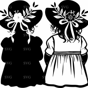 File di taglio SVG 4 Sisters, 4 due ragazze in abiti vintage con cappelli da sole floreali, silhouette dell'infanzia, download digitale