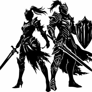 May include: Black silhouette of two armoured figures, a knight and a warrior, each holding a sword. The knight has a shield. The warrior has a ponytail. The image is a vector graphic, suitable for digital art or crafting projects.