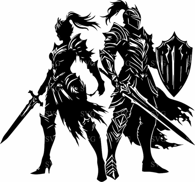 May include: Black silhouette of two armoured figures, a knight and a warrior, each holding a sword. The knight has a shield. The warrior has a ponytail. The image is a vector graphic, suitable for digital art or crafting projects.
