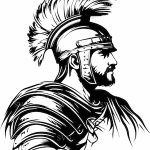 Peut inclure: Illustration en noir et blanc d'un soldat romain portant un casque avec une plume et une armure. Le soldat regarde vers la droite.