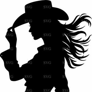 May include: A black silhouette of a person wearing a cowboy hat, with long flowing hair. The person is holding the brim of the hat. The image has the word "SVG" repeated throughout the image.
