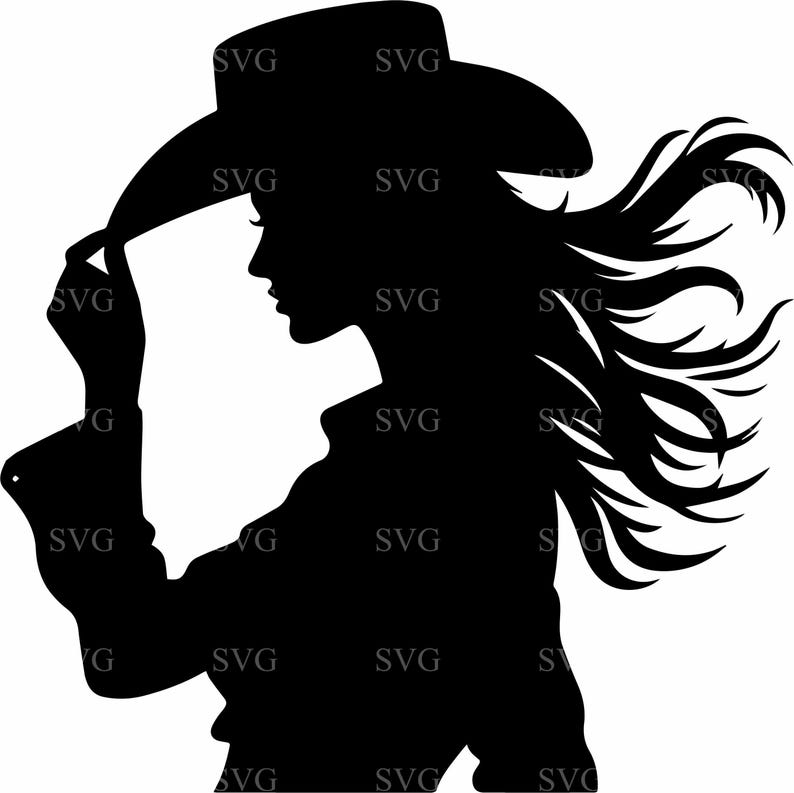 May include: A black silhouette of a person wearing a cowboy hat, with long flowing hair. The person is holding the brim of the hat. The image has the word "SVG" repeated throughout the image.