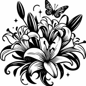 5 file di taglio SVG per bouquet di gigli, composizione floreale con silhouette di farfalla, design Cricut, elegante clipart laser di fiori