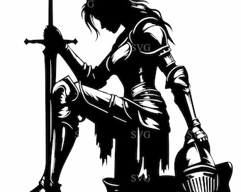 Kneeling Female Warrior SVG 4 Cut File - Armored Woman Knight with Sword, Noble Medieval Art, Digital Download