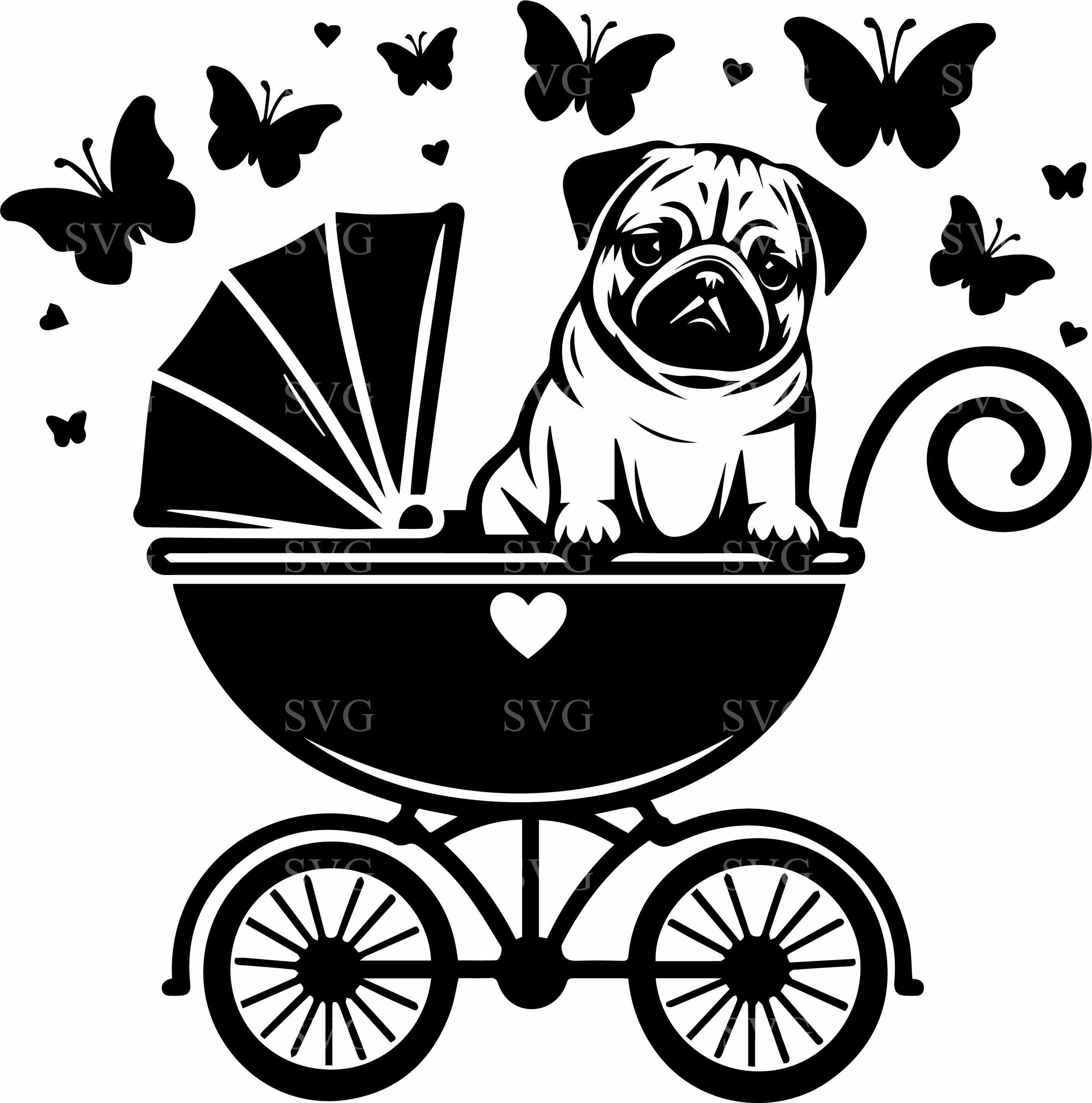Pug Puppy in Stroller SVG Cut File Cute Dog Baby Carriage Adorable  Pet Clipart for Cricut Laser Cutting